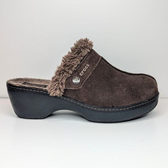 CROCS suede leather mules clogs suede fur lined women's size 11 - Picture 1 of 10